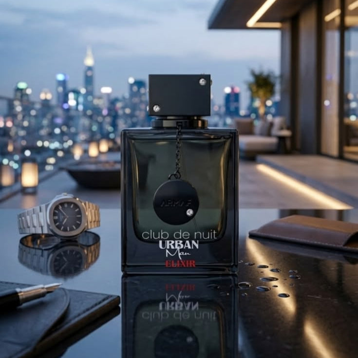 Refect Beauty Armaf Club De Nuit Urban Elixir Eau De Parfum bottle on a reflective table with a city skyline background