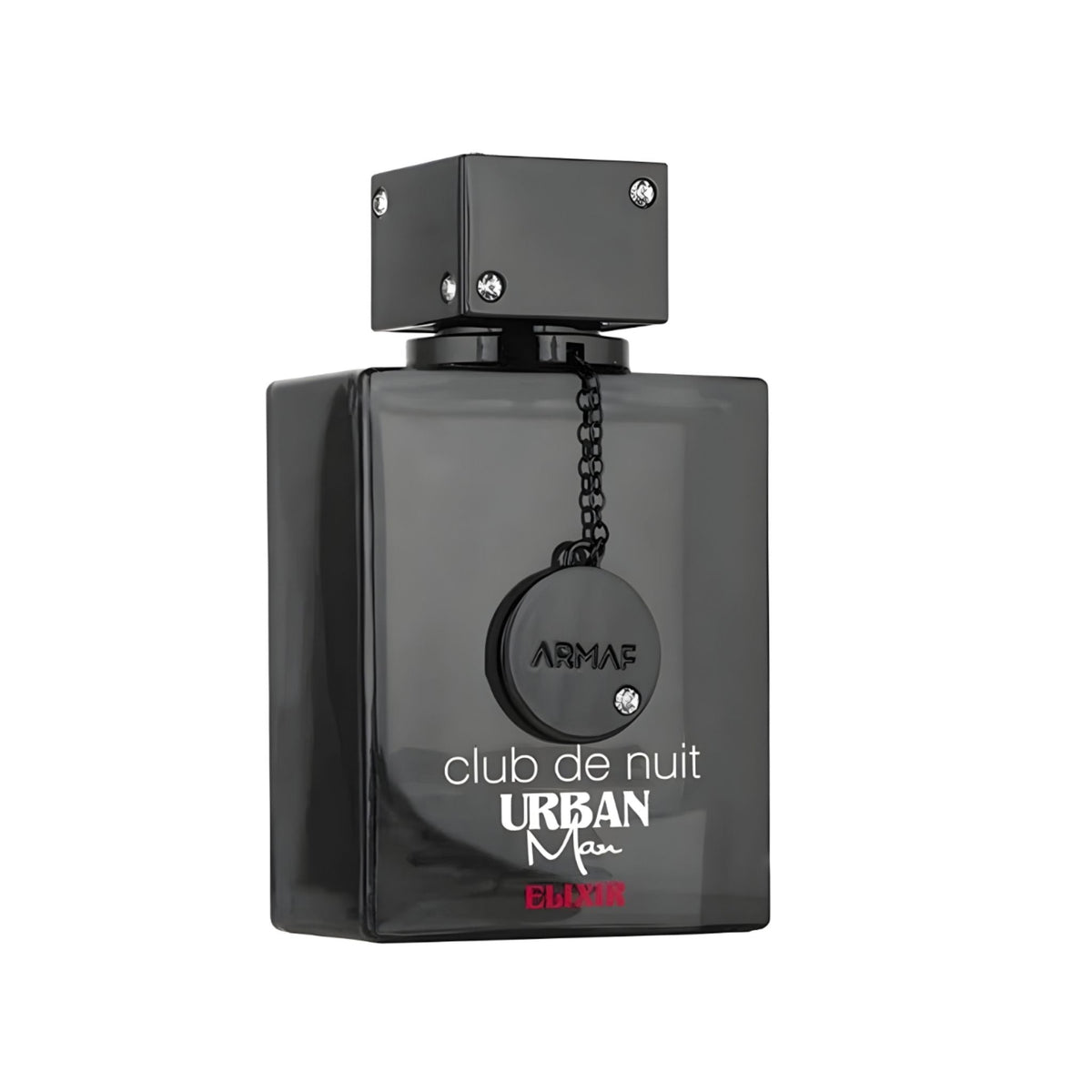 Refect Beauty Armaf Club De Nuit Urban Elixir Eau De Parfum in a sleek black glass bottle with a crystal-accented cap.