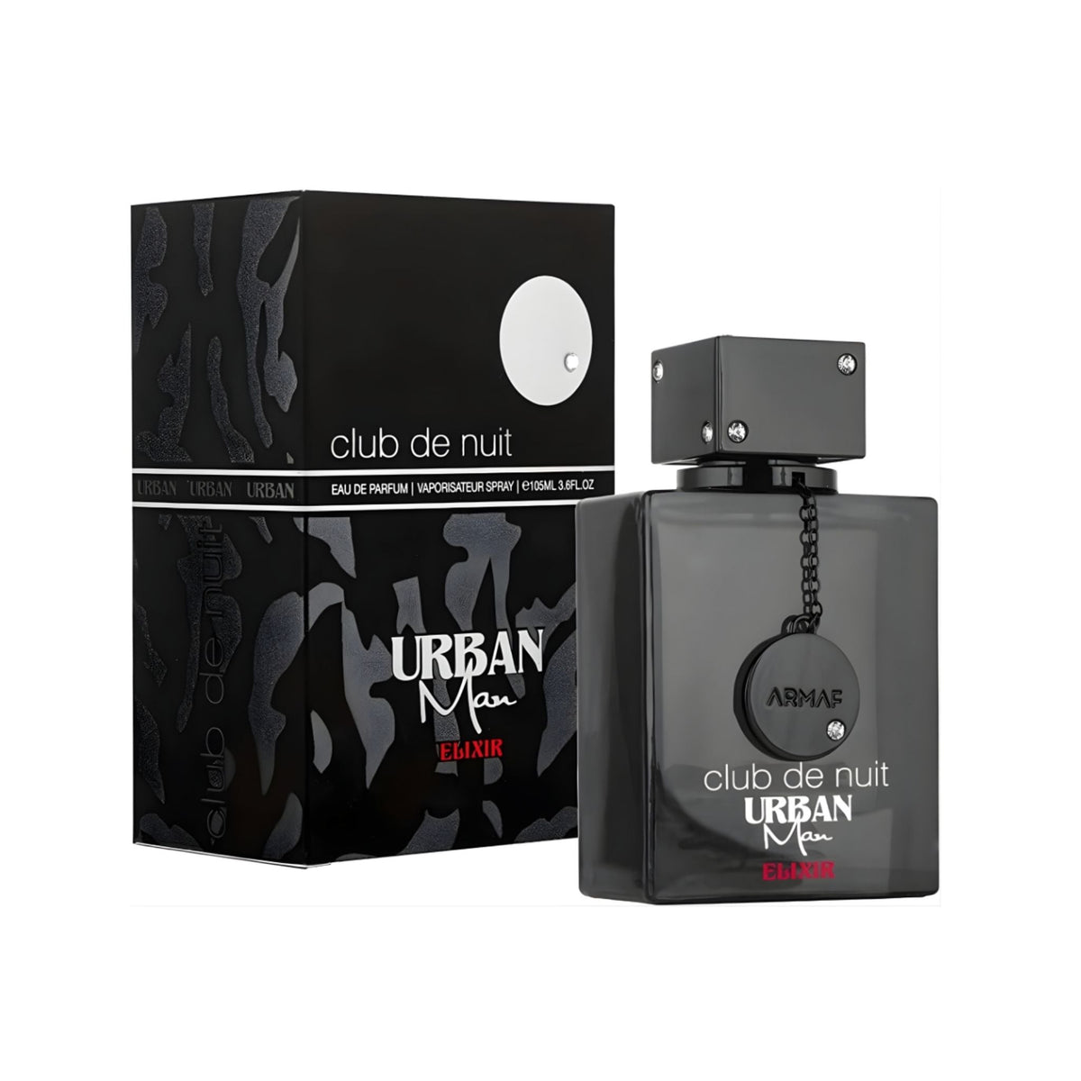 Refect Beauty Armaf Club De Nuit Urban Elixir Eau De Parfum bottle and black patterned box for men