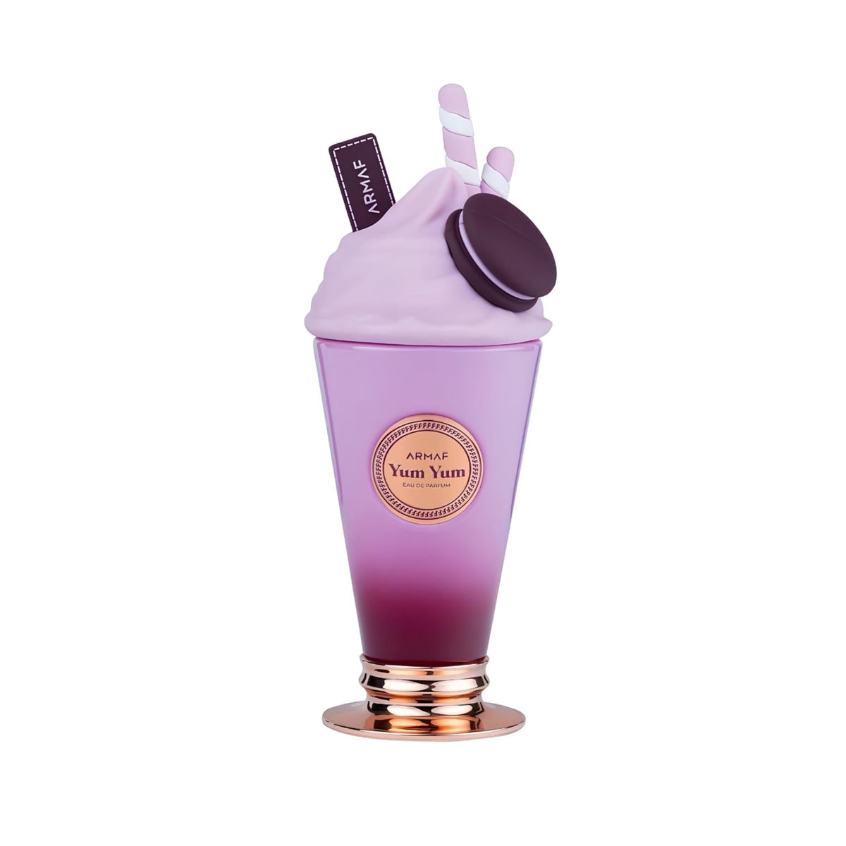 Refect Beauty Armaf Yum Yum eau de parfum in a playful purple milkshake-shaped bottle with a decorative cookie topper