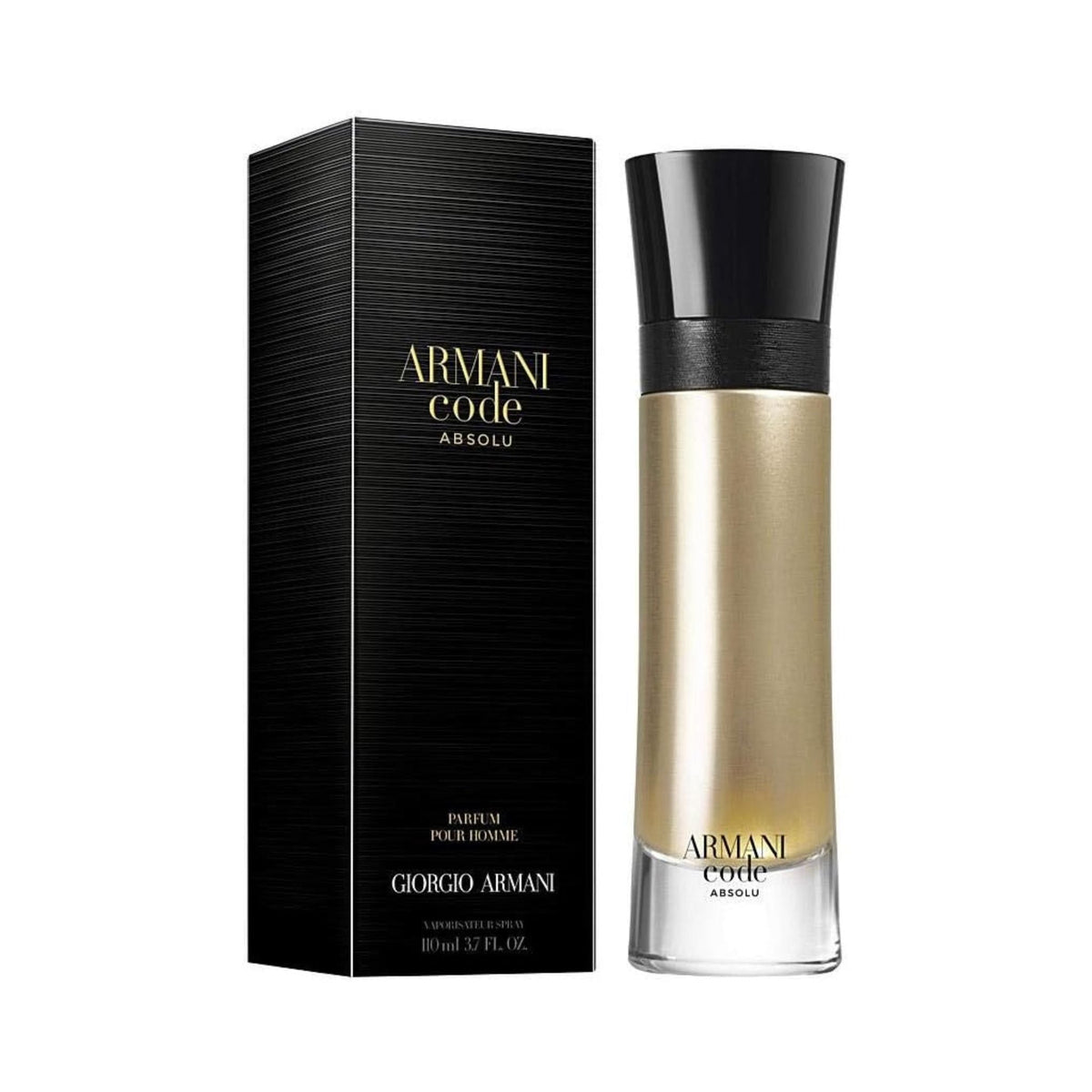 Refect Beauty Giorgio Armani Armani Code Absolu parfum bottle with its black textured box, featuring a gold metallic finish.