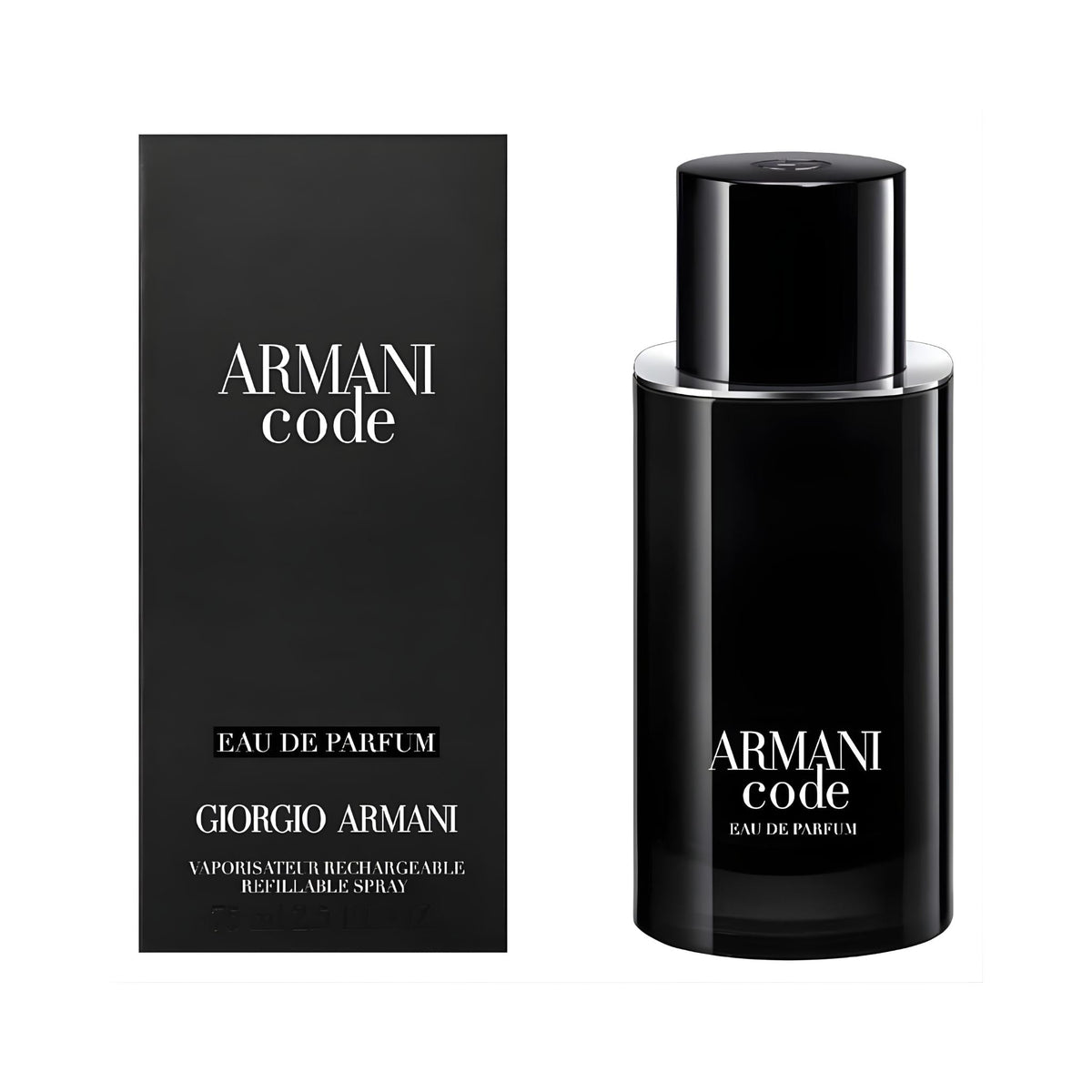 Refect Beauty Giorgio Armani Code Eau de Parfum 75ml bottle and black box packaging for men