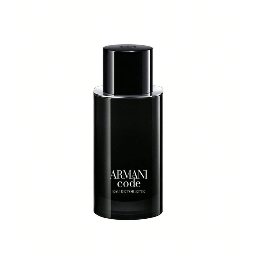 Refect Beauty Giorgio Armani Code Eau de Toilette in a sleek black cylindrical glass bottle with a matching cap.