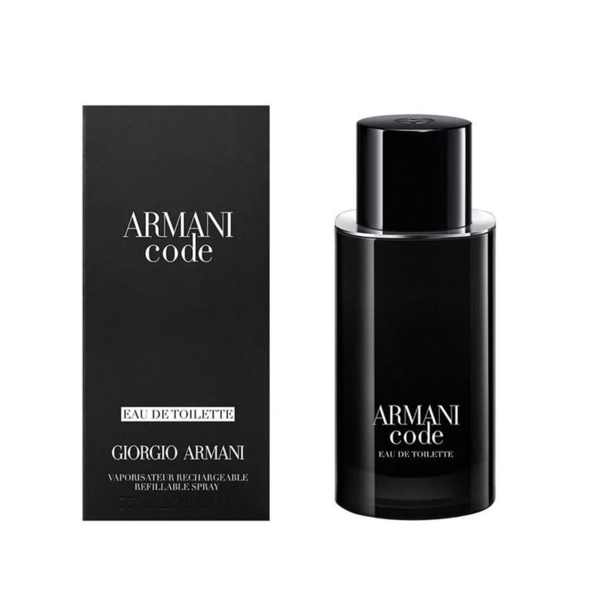 Refect Beauty Giorgio Armani Code Eau de Toilette 75ml bottle and black box packaging for men