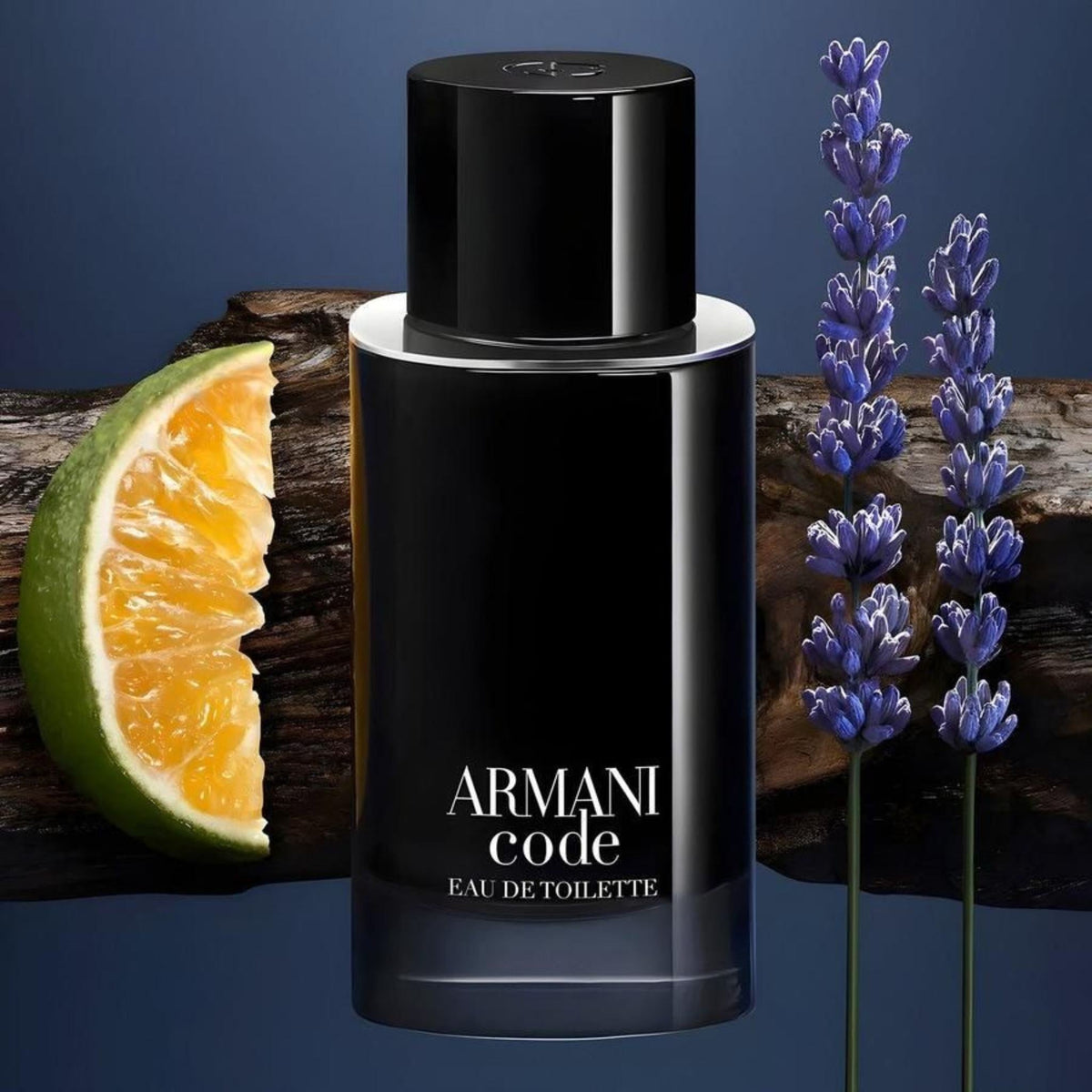 Refect Beauty Giorgio Armani Code Eau de Toilette bottle with citrus and lavender accents against a dark wood backdrop