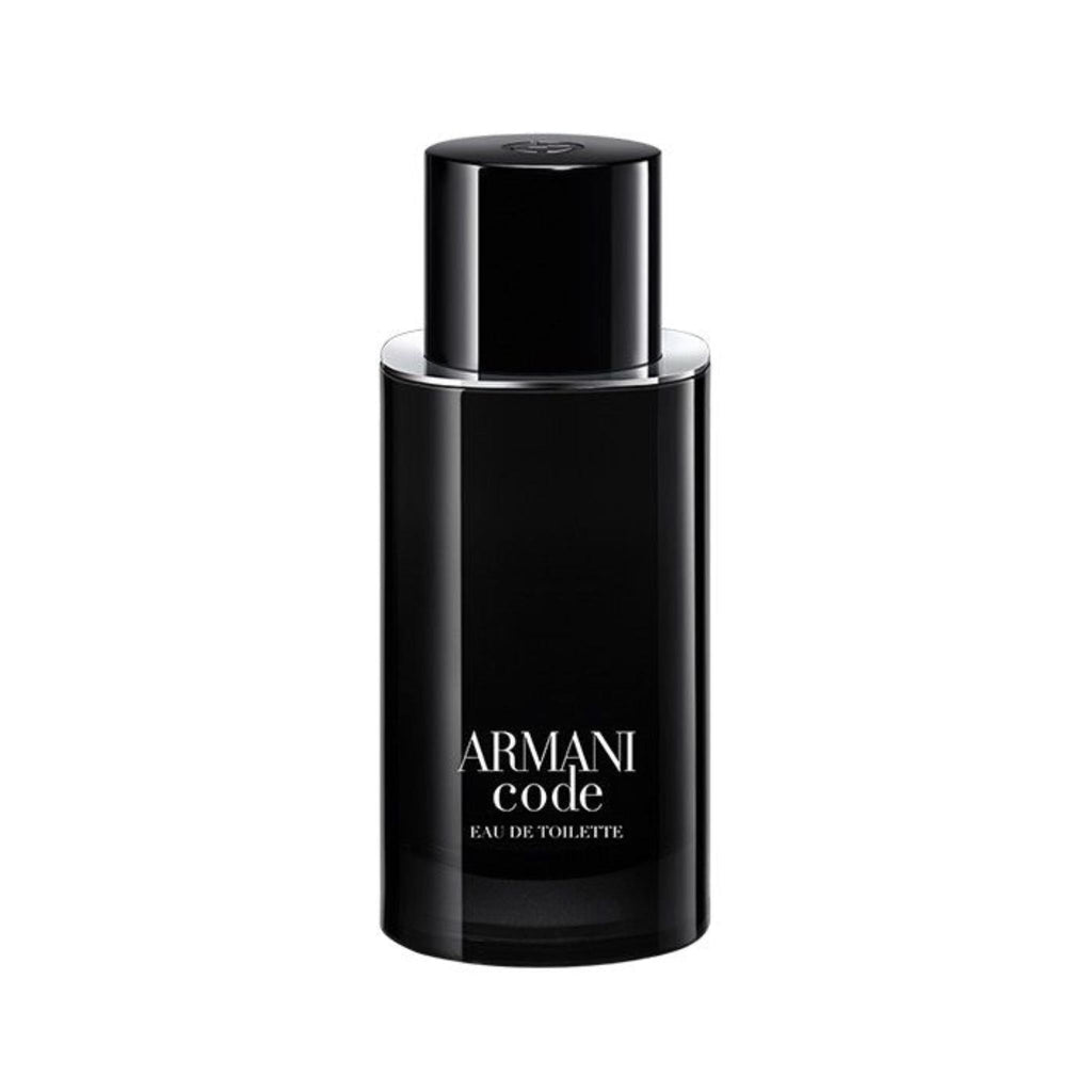 Refect Beauty Giorgio Armani Code Eau de Toilette in a sleek black cylindrical bottle with a matching cap.