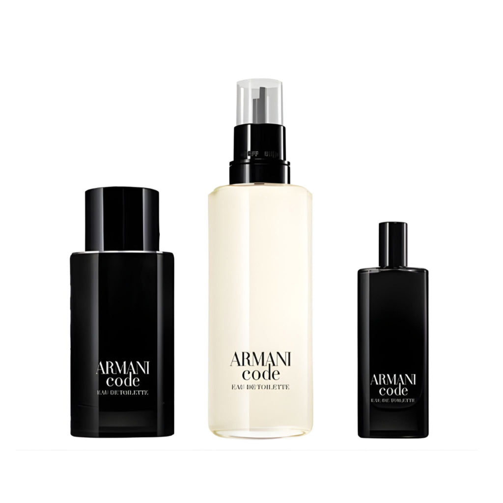 Refect Beauty Giorgio Armani Armani Code gift set featuring a 75ml EDT, 15ml travel spray, and 150ml refill bottle.