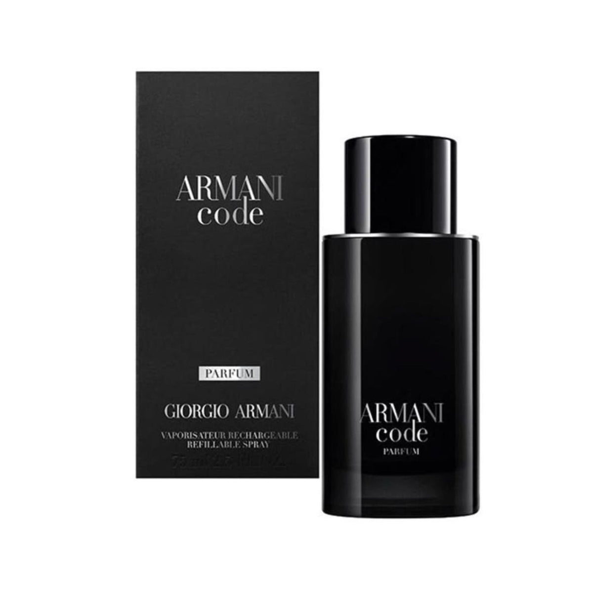 Refect Beauty Giorgio Armani Armani Code Parfum bottle and black box packaging for a sophisticated masculine scent.