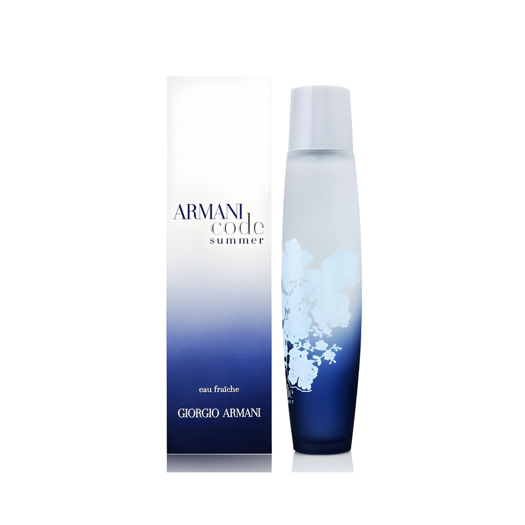 Refect Beauty Giorgio Armani Code Summer Eau Fraiche perfume bottle and box with blue gradient and floral design