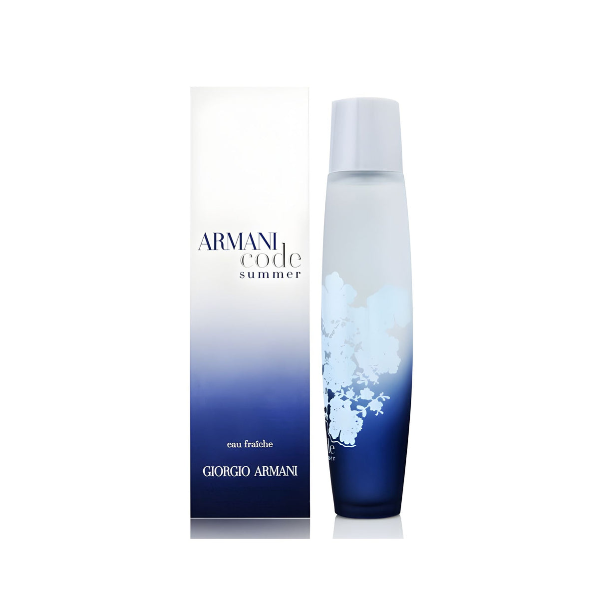 Refect Beauty Giorgio Armani Code Summer Eau Fraiche perfume bottle and box with blue gradient and floral design