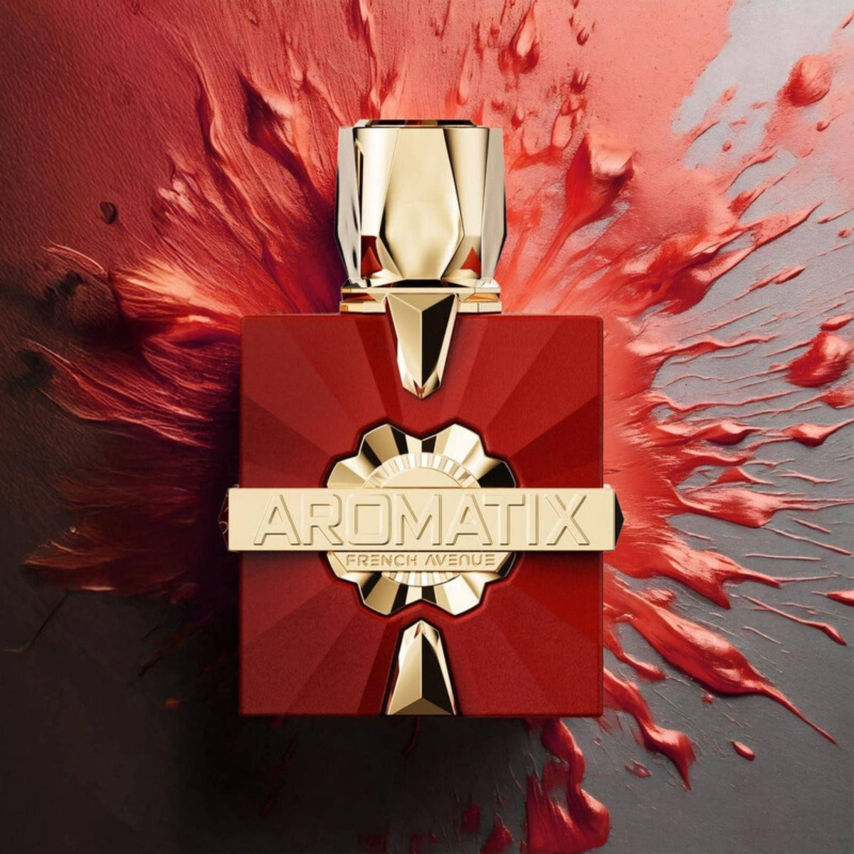 Refect Beauty French Avenue Aromatix X Carnal Desire extrait de parfum bottle with red square glass and gold accents.