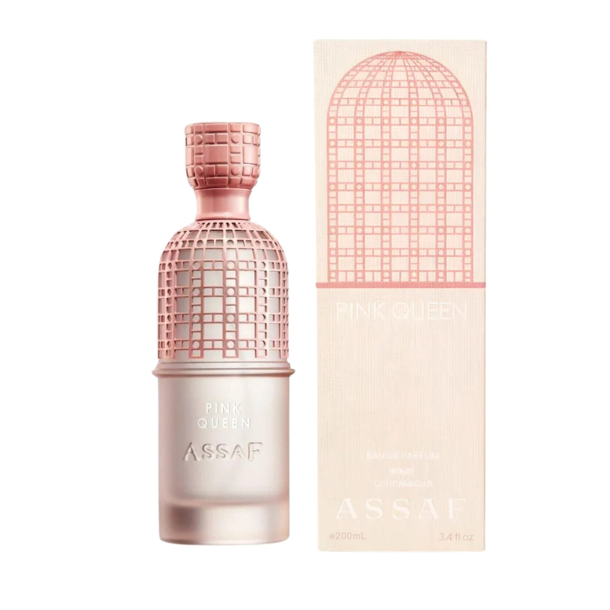 Refect Beauty Assaf Pink Queen Eau de Parfum bottle and box with a decorative cage-patterned cap and pink accents.