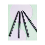 Refect Beauty Astra 24H Color Stain black kajal eye pencils arranged in a fan shape on a pastel geometric background