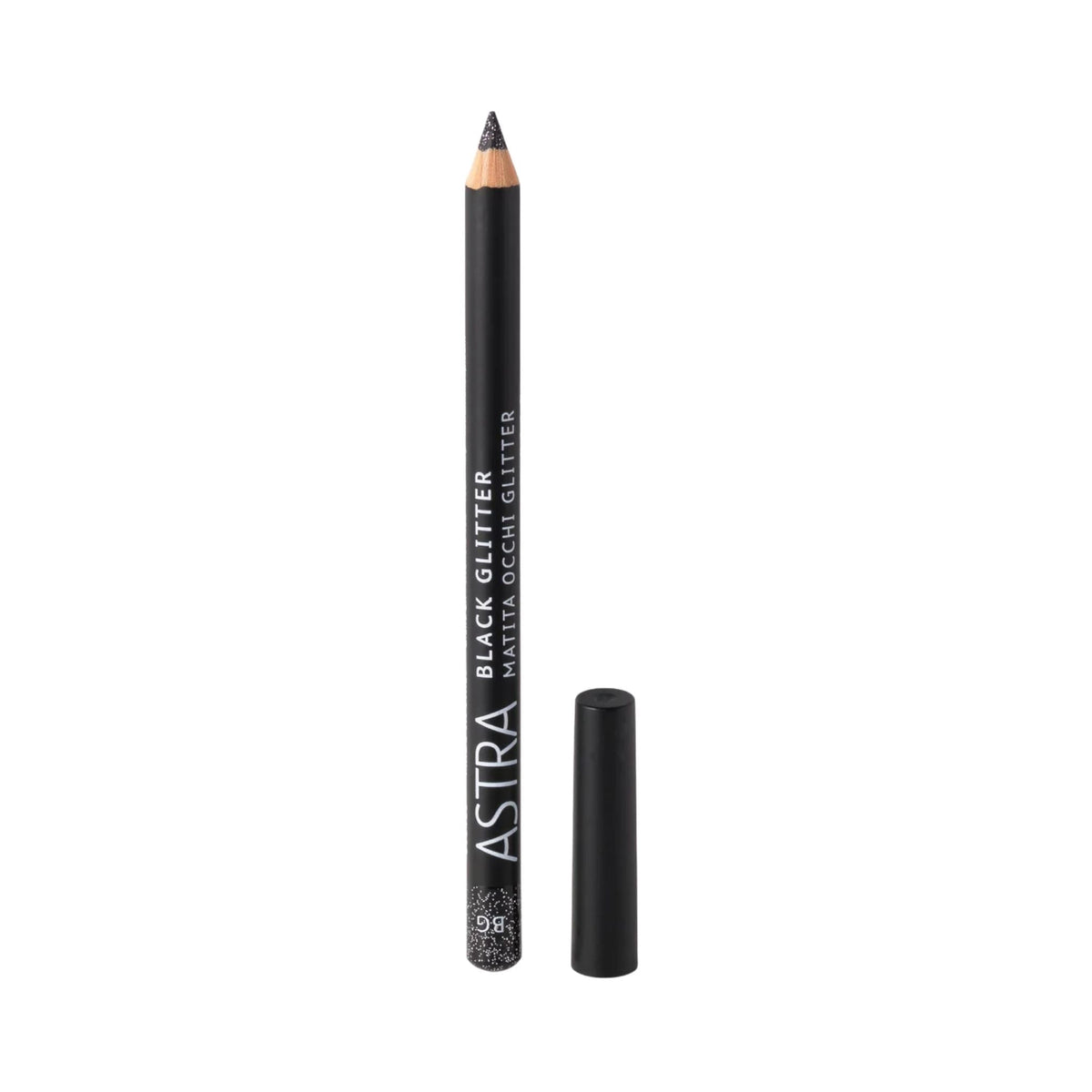 Refect Beauty Astra black glitter kajal eye pencil with a sharp tip and matching cap for intense sparkling definition.