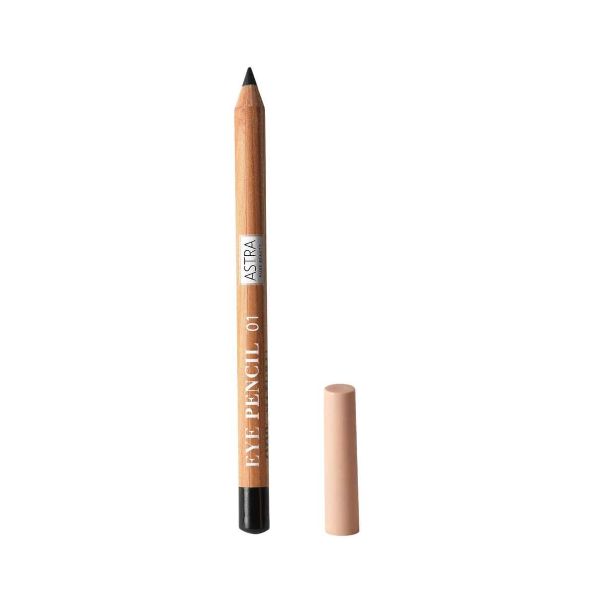 Refect Beauty Astra Pure Beauty black kajal eye pencil with a natural wood casing and a matching beige cap 01