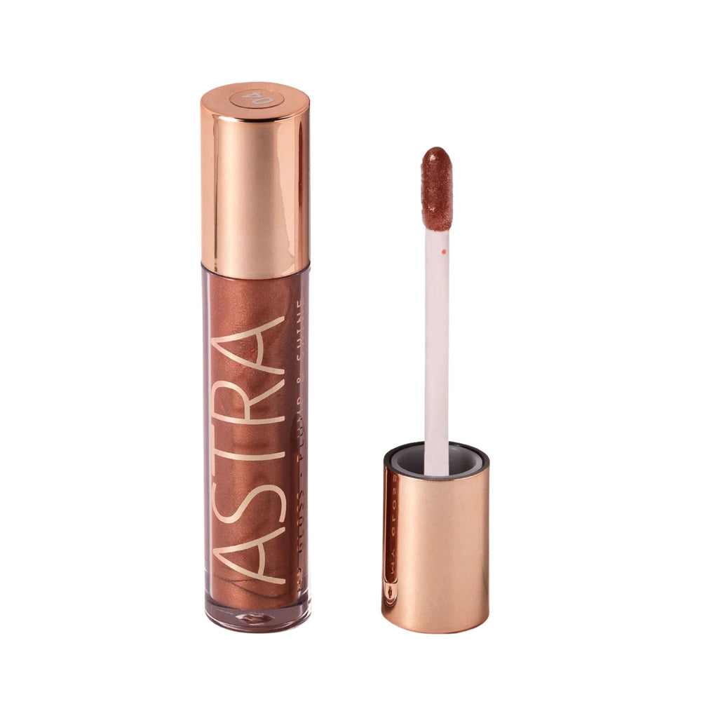 Refect Beauty Astra My Gloss Plump & Shine lip gloss in a shimmering bronze shade with a rose gold applicator cap. 04