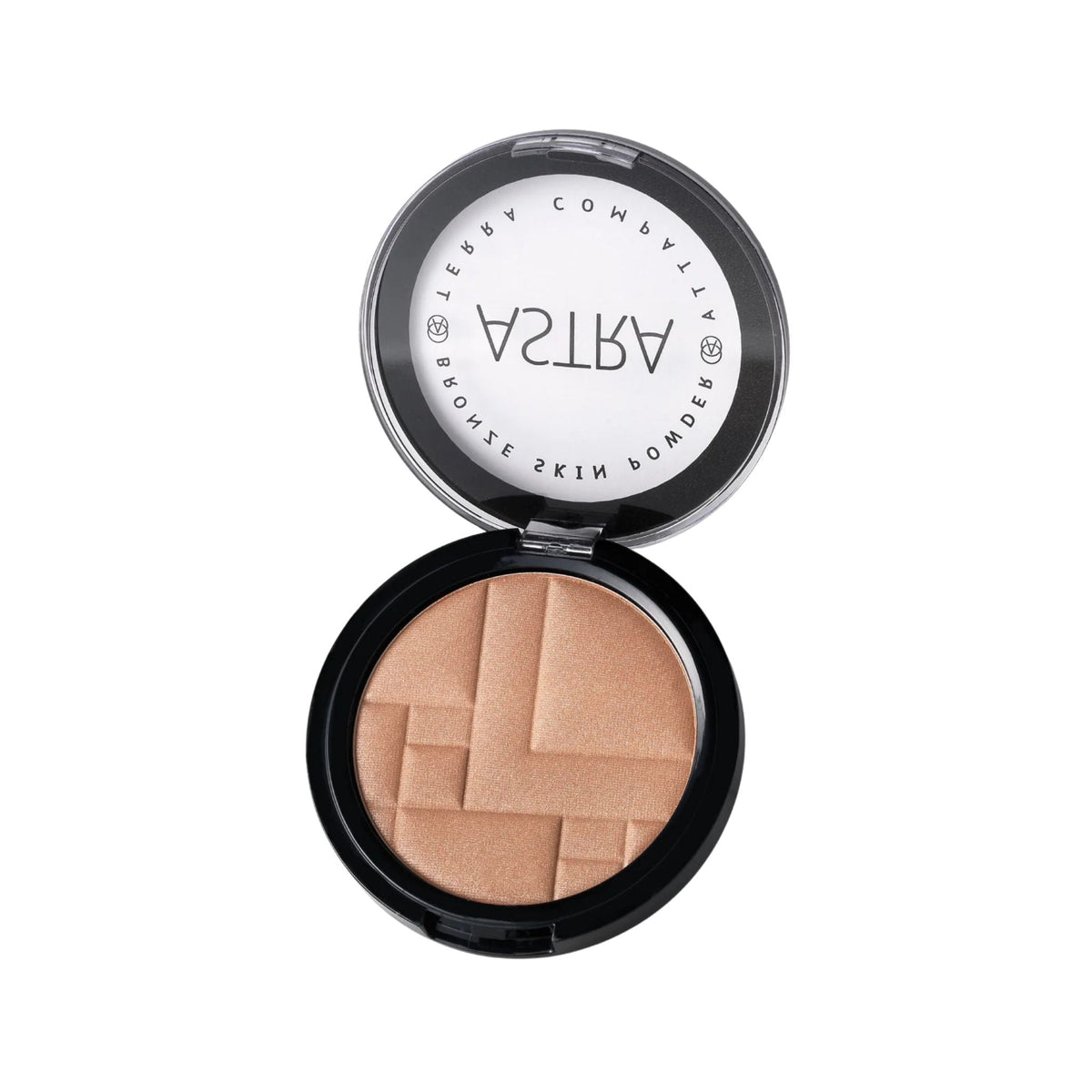 Refect Beauty Astra Bronze Skin Powder in a round black compact with a geometric embossed pattern on the bronzer.