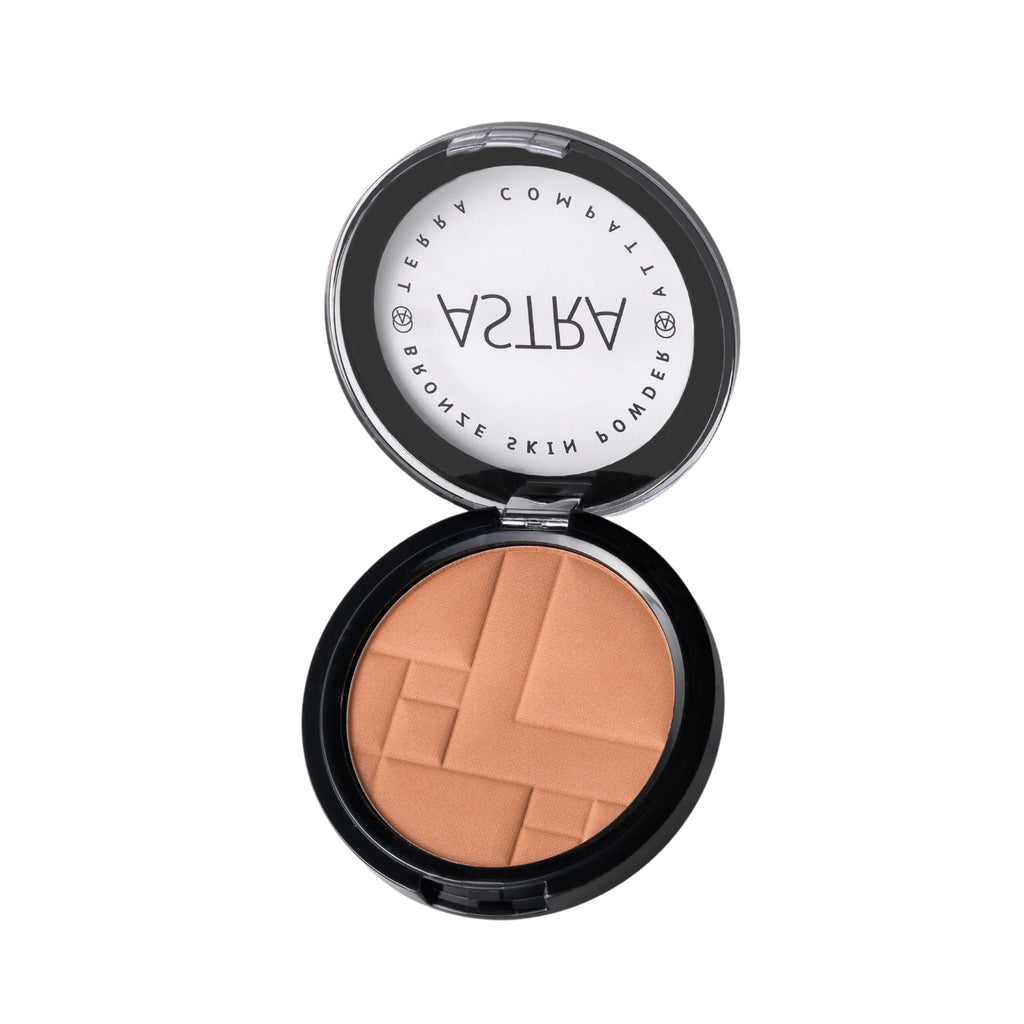 Refect Beauty Astra Bronze Skin Powder in a round compact with a geometric embossed pattern for a natural tan effect.