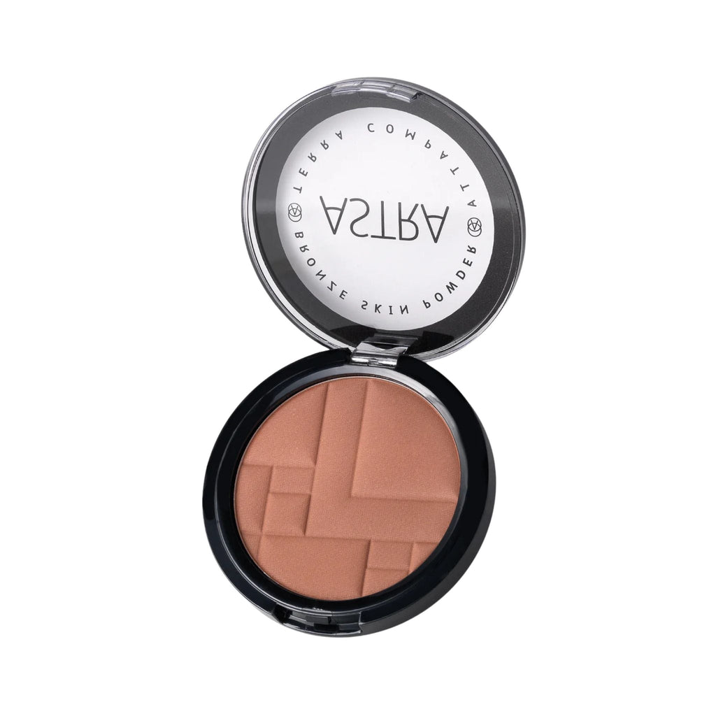Refect Beauty Astra Bronze Skin Powder in a round compact with a geometric embossed pattern on the tan bronzer.