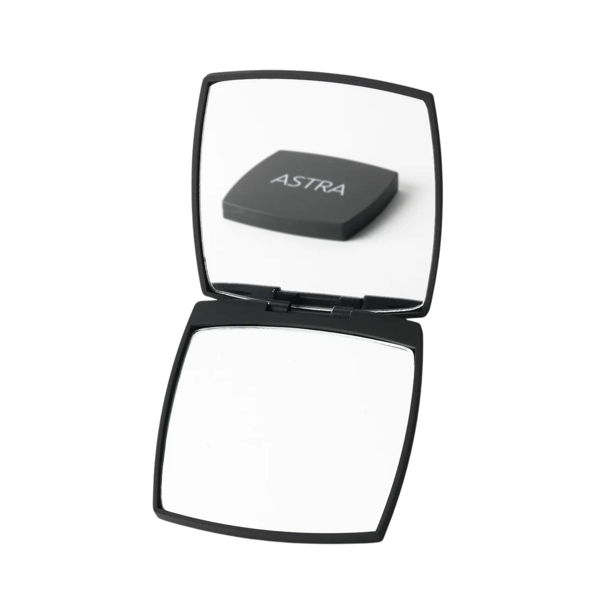 Refect Beauty Astra Double Mirror, a compact black dual-sided makeup mirror with regular and magnifying glass.