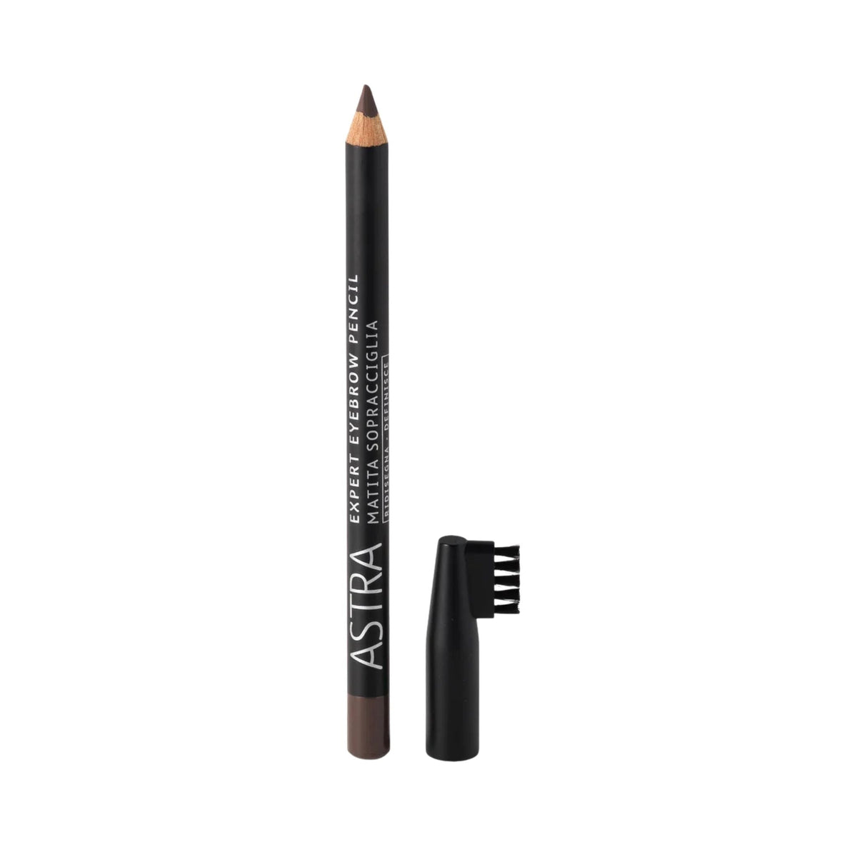 Refect Beauty Astra Expert Eyebrow Pencil in dark brown with a built-in grooming brush for precise definition. Dark Brown