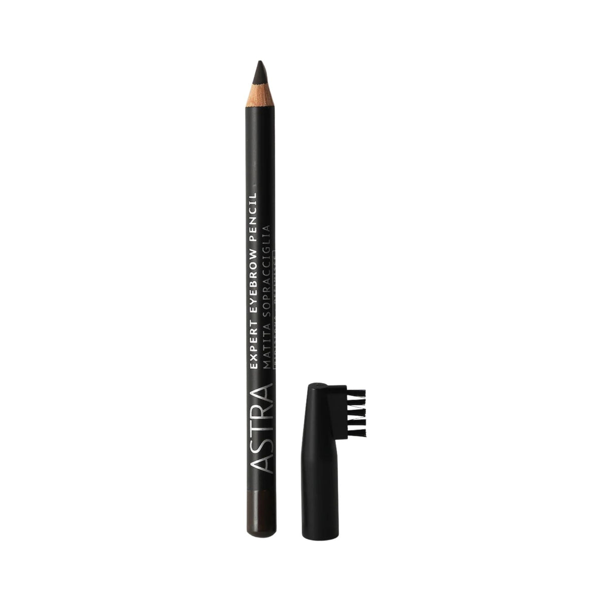 Refect Beauty Astra Expert Eyebrow Pencil in dark brown with a built-in grooming brush cap for precise application. Black
