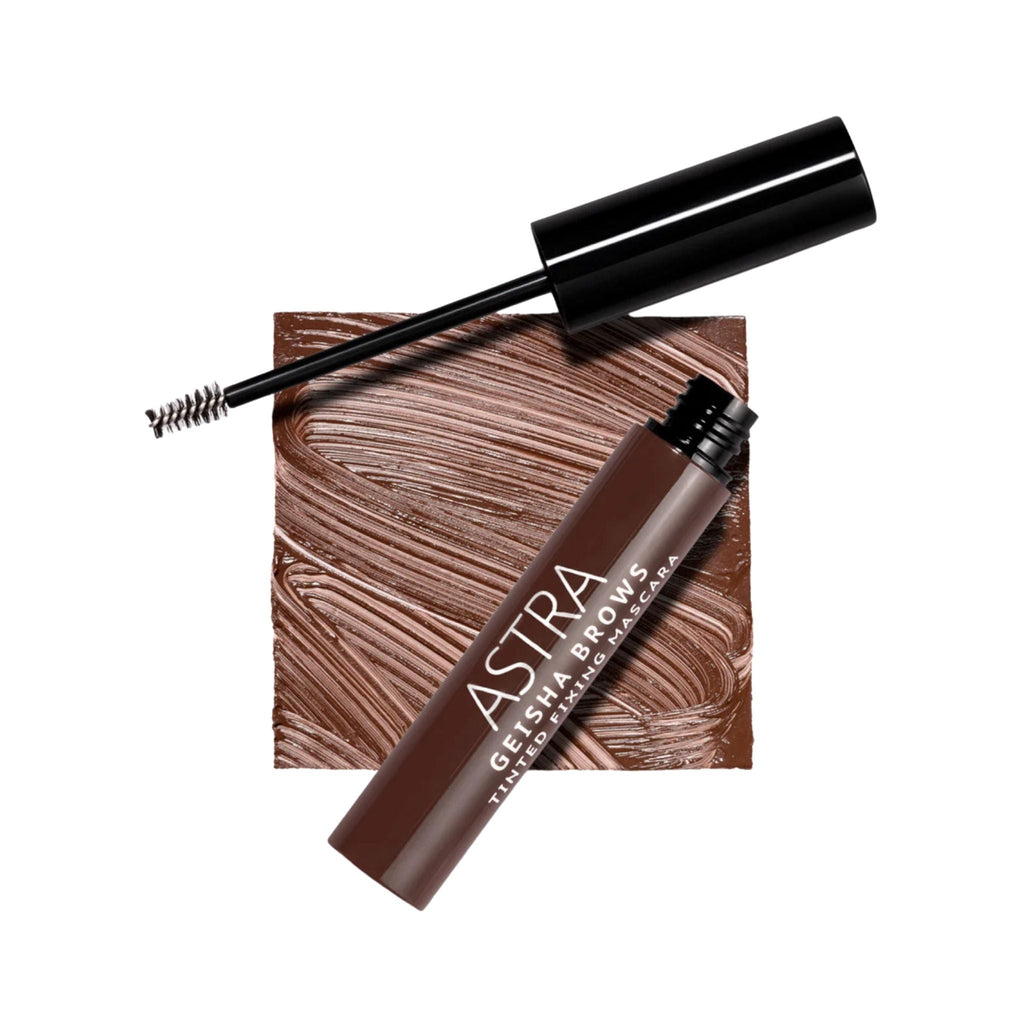 Refect Beauty Astra Geisha Brows tinted fixing mascara in brown with a spoolie brush and a swatch of the formula