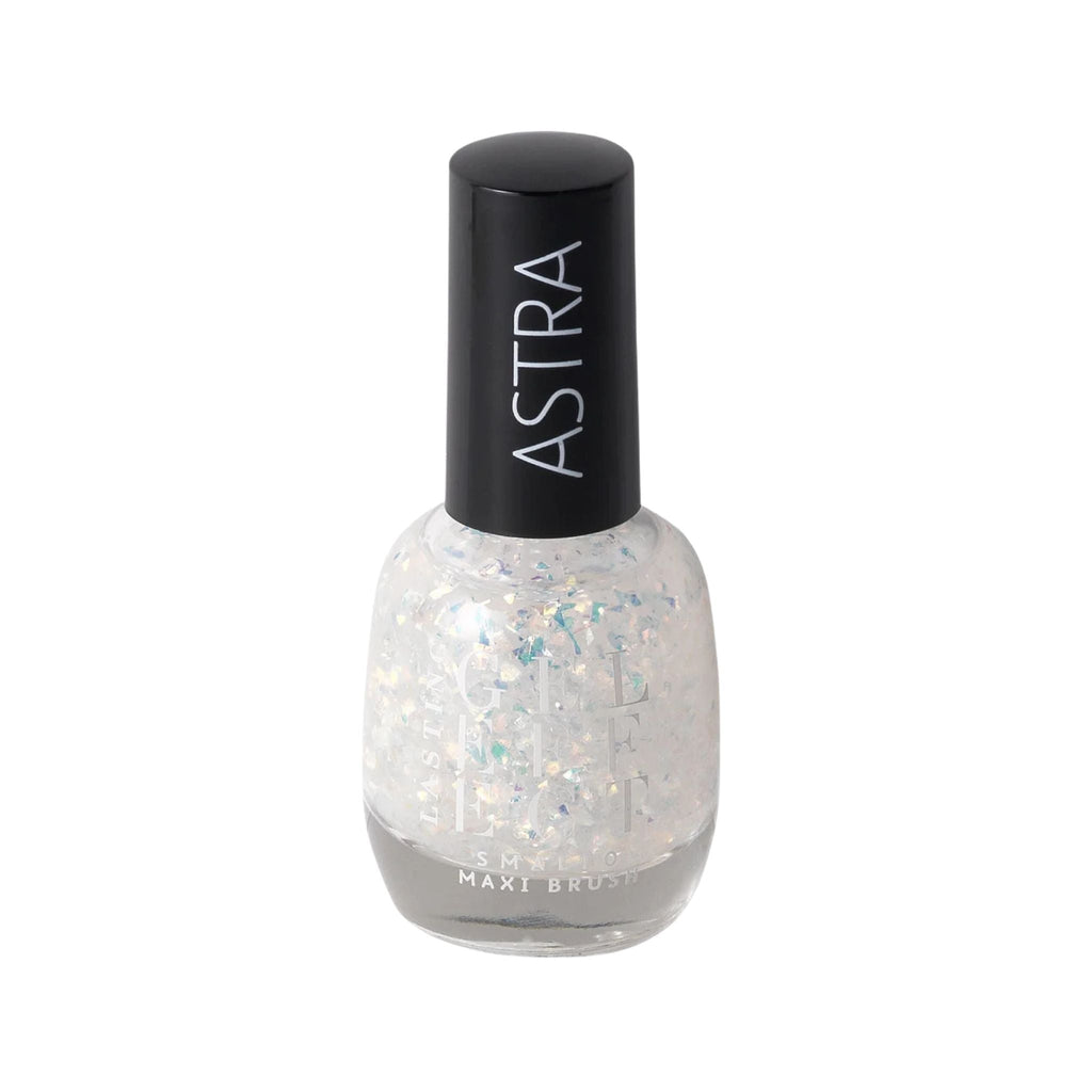 Refect Beauty Astra Lasting Gel Effect nail polish in a clear base with iridescent glitter flakes for a glossy finish