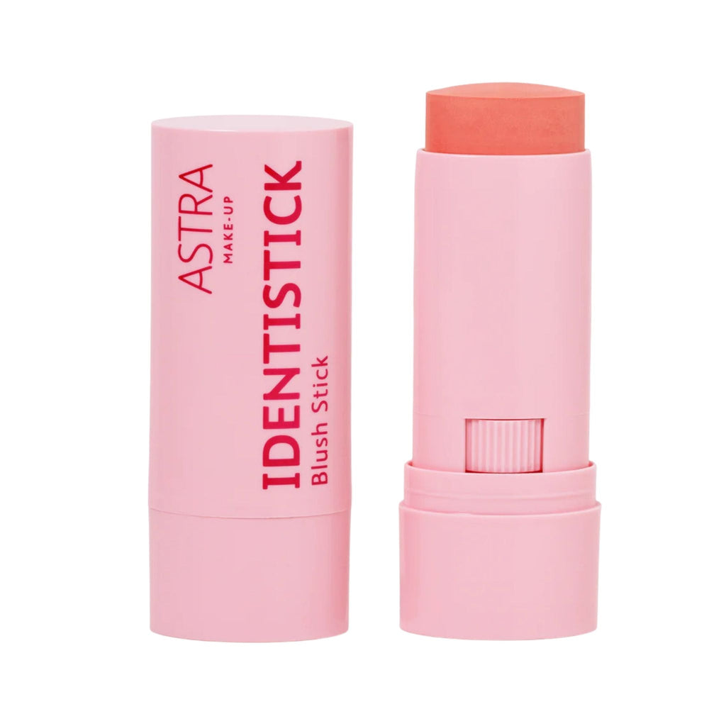 Refect Beauty Astra Identistick blush stick in a soft pink twist-up tube with a vibrant coral cream blush shade. 01