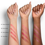 Refect Beauty Astra Identistick blush stick swatches in four shades on three different skin tones