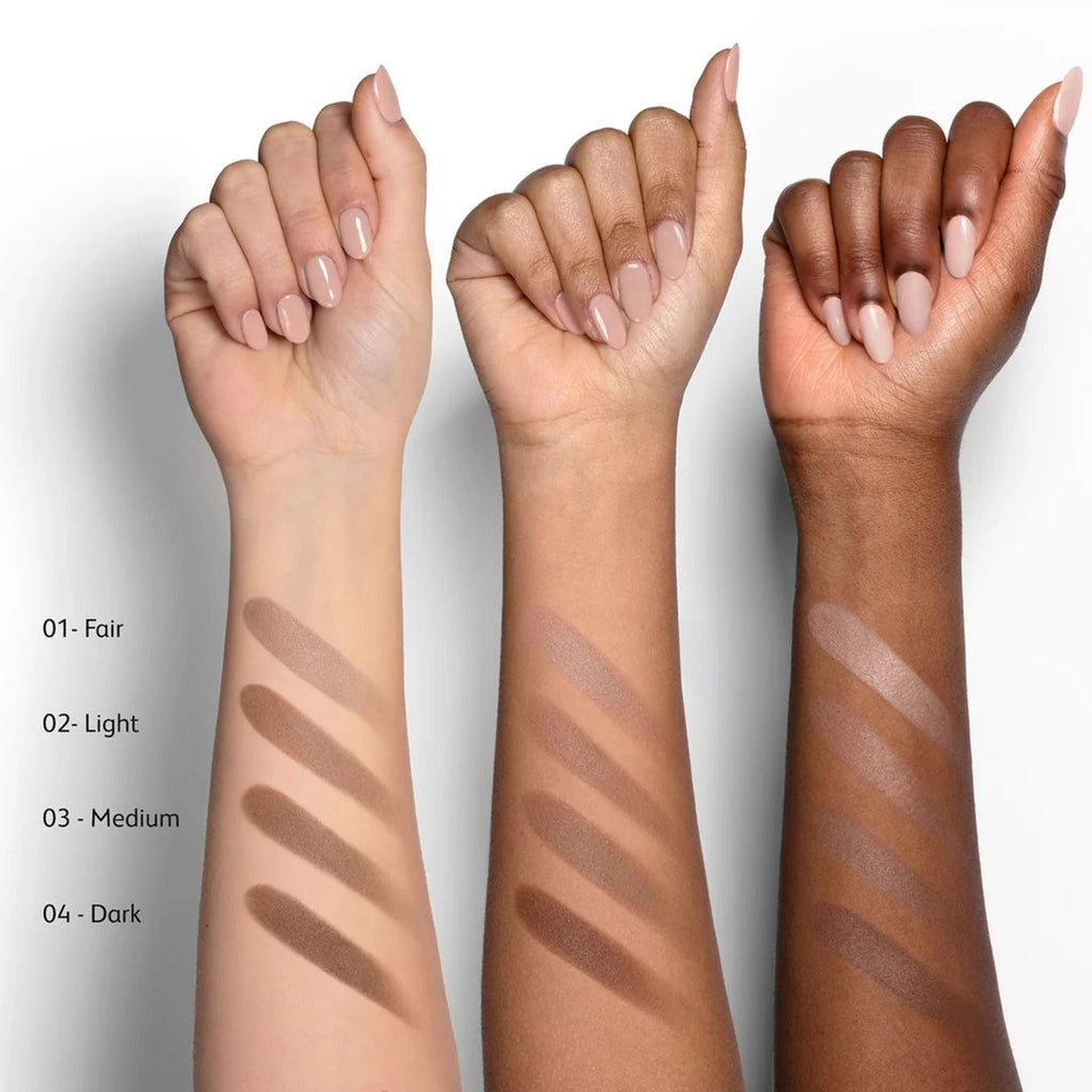 Refect Beauty Astra Identistick contour stick swatches in four shades on three different skin tones