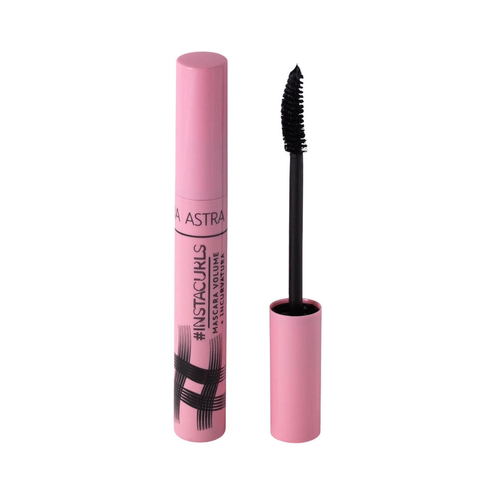 Refect Beauty Astra Instacurls black mascara with a light pink tube and a curved applicator wand for curling lashes.