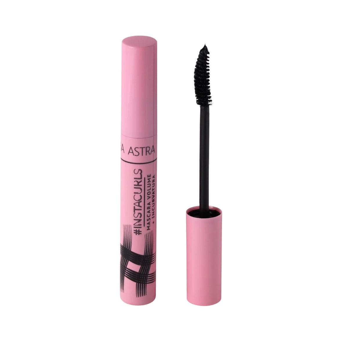 Refect Beauty Astra Instacurls black mascara with a light pink tube and a curved applicator wand for curling lashes.