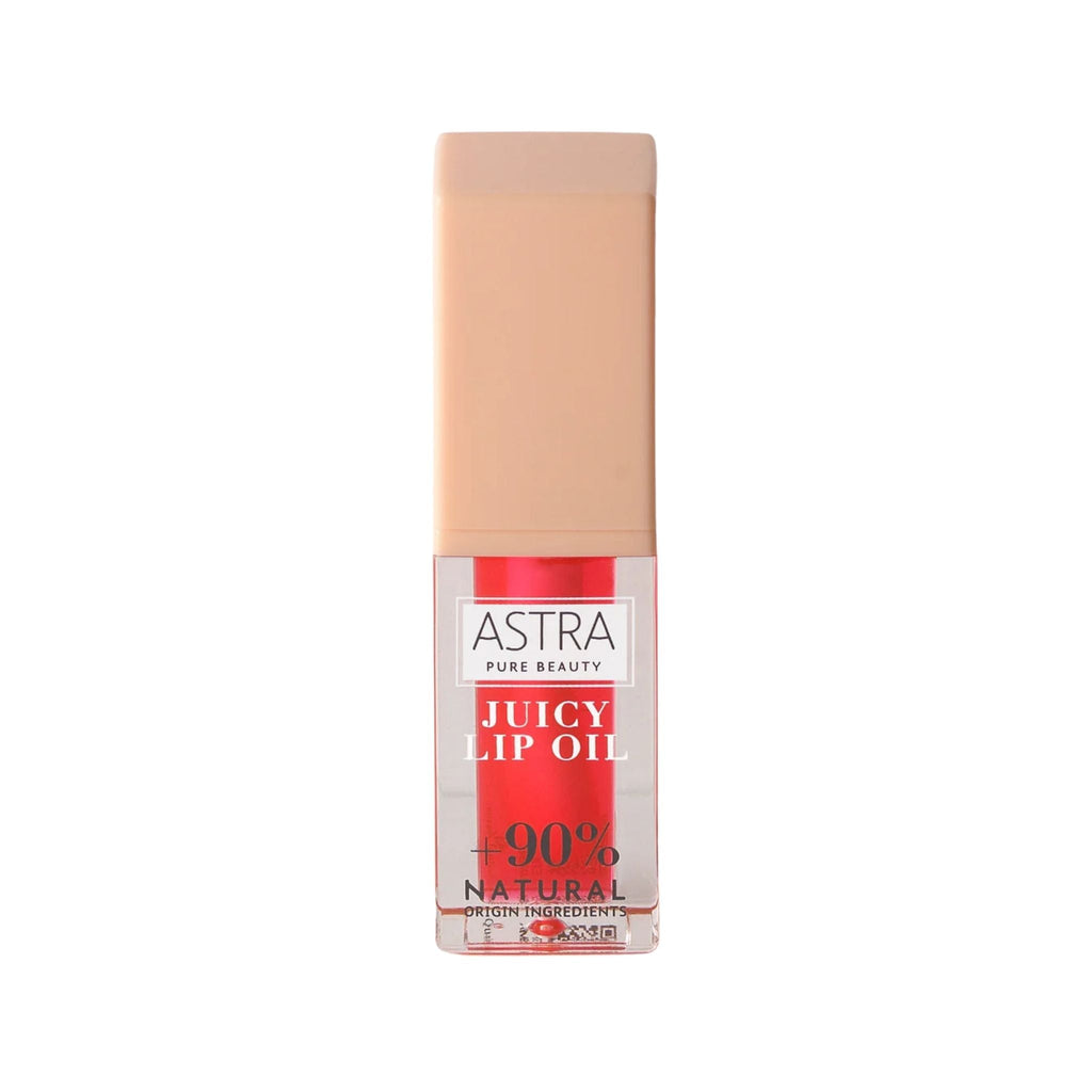 Refect Beauty Astra Pure Beauty Juicy Lip Oil in a clear tube with a peach-toned cap and red tinted formula. 02