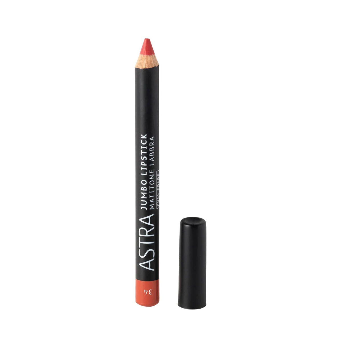 Refect Beauty Astra Jumbo Lipstick lip pencil in a vibrant coral shade with a black casing and matching cap 34