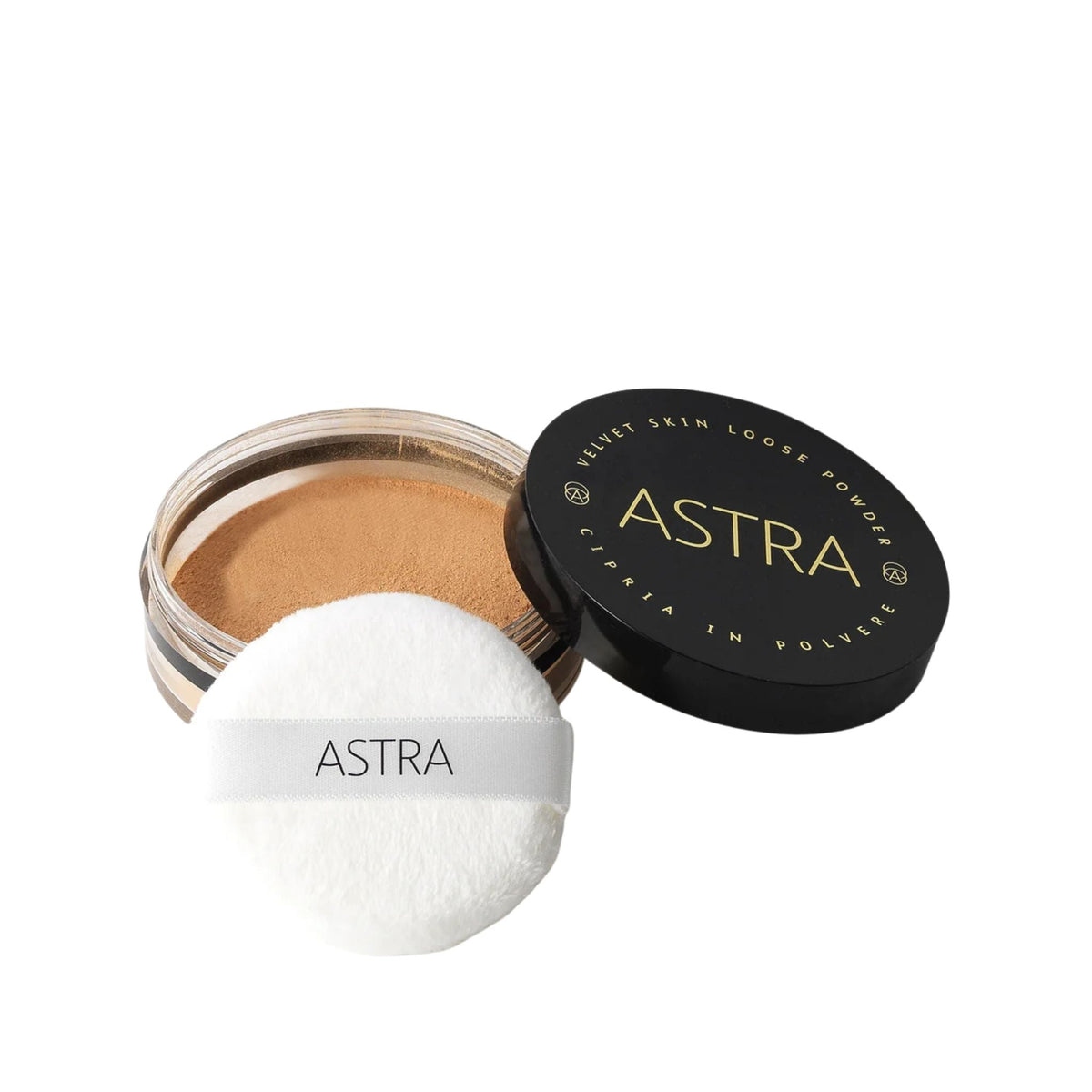 Refect Beauty Astra Velvet Skin loose powder in a jar with a soft white applicator puff and black lid 03
