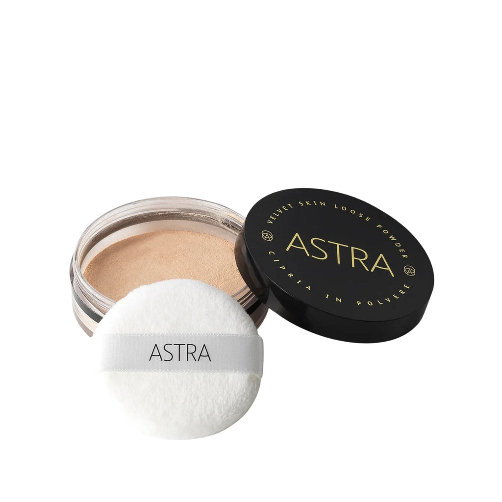 Refect Beauty Astra Velvet Skin loose face powder in a clear jar with a black lid and a soft white application puff. 02