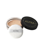 Refect Beauty Astra Velvet Skin loose face powder in a clear jar with a black lid and a soft white application puff. 02