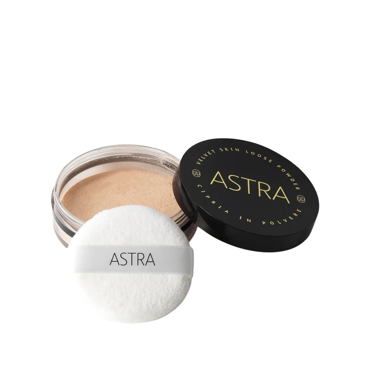 Refect Beauty Astra Velvet Skin loose face powder in a clear jar with a black lid and a soft white application puff. 02