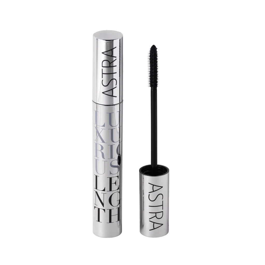 Refect Beauty Astra Luxurious Length intense black mascara with a silver tube and silicone applicator brush.