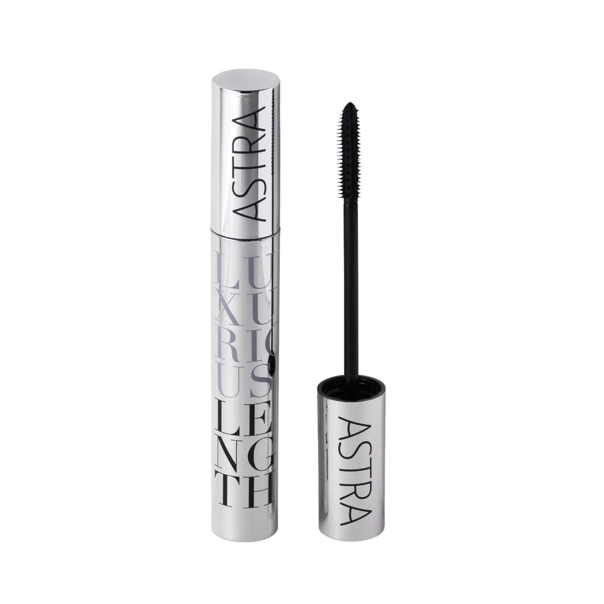 Refect Beauty Astra Luxurious Length intense black mascara with a silver tube and silicone applicator brush.
