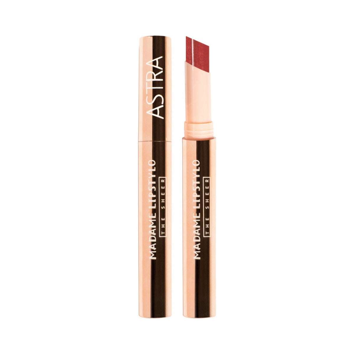 Refect Beauty Astra Madame Lip Stylo The Sheer lipstick in a slim rose gold tube with a creamy berry-toned shade.