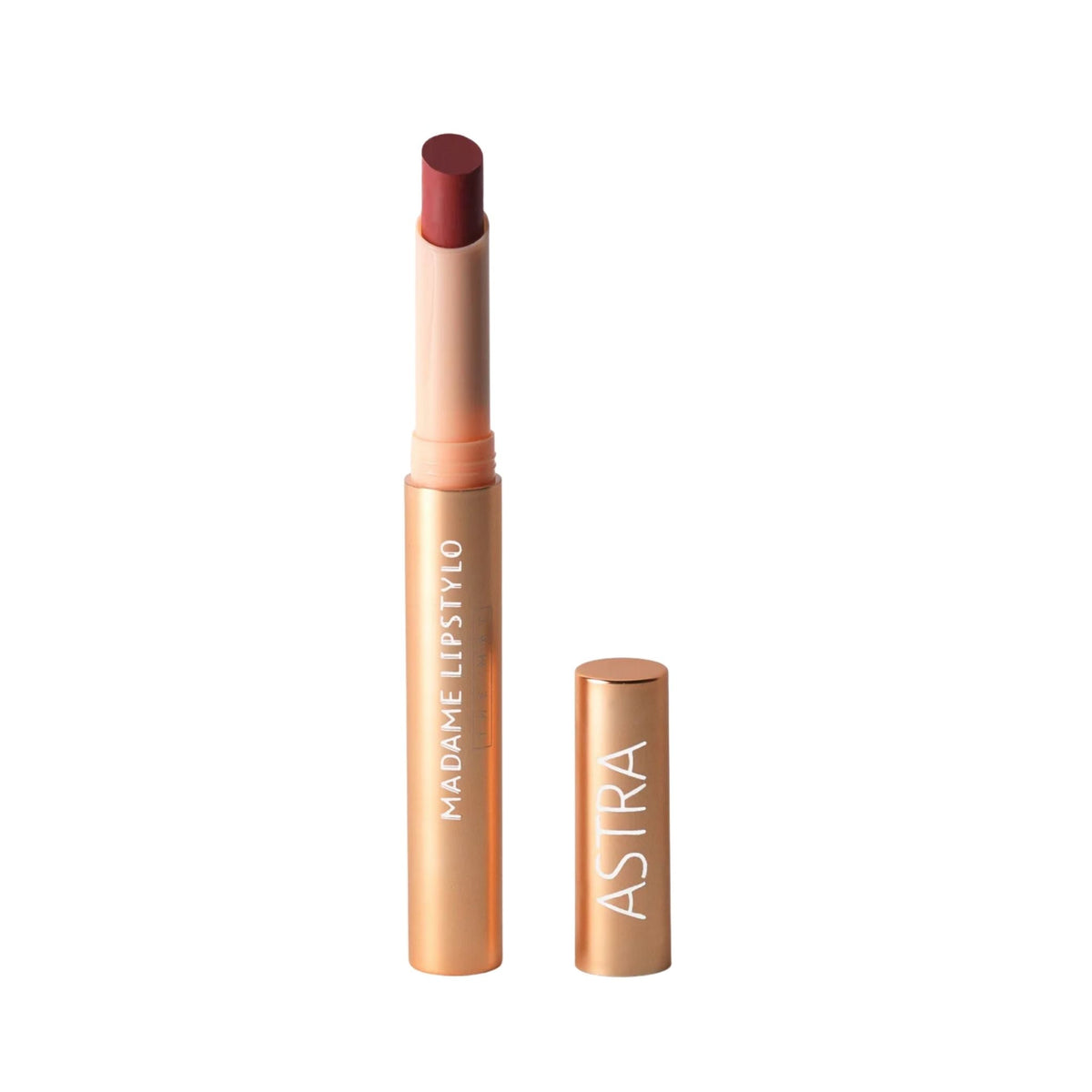 Refect Beauty Astra Madame Lipstylo The Mat lipstick in a deep red shade with a sleek metallic rose gold tube 03