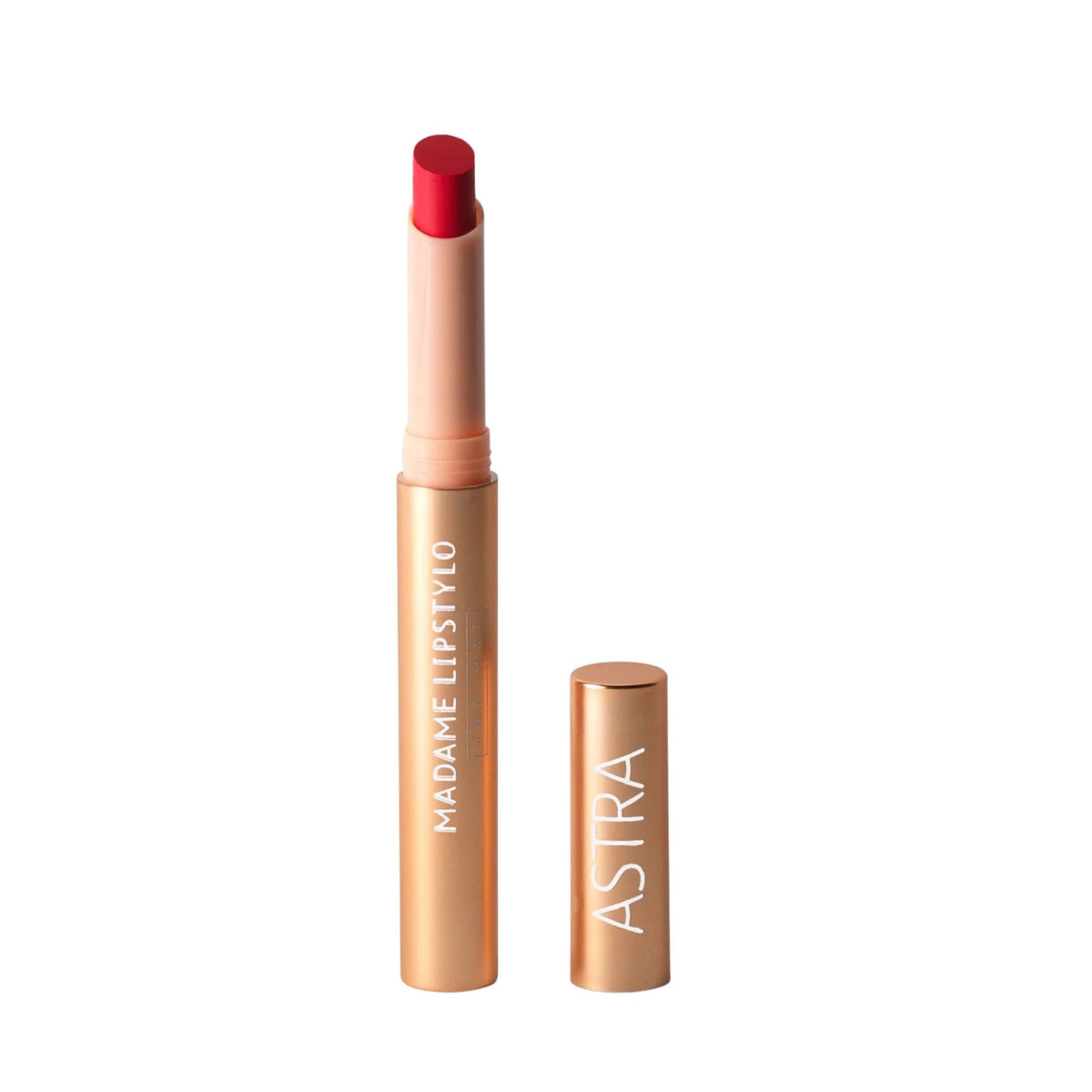 Refect Beauty Astra Madame Lipstylo The Mat lipstick in a vibrant red shade with a sleek rose gold metallic tube. 05