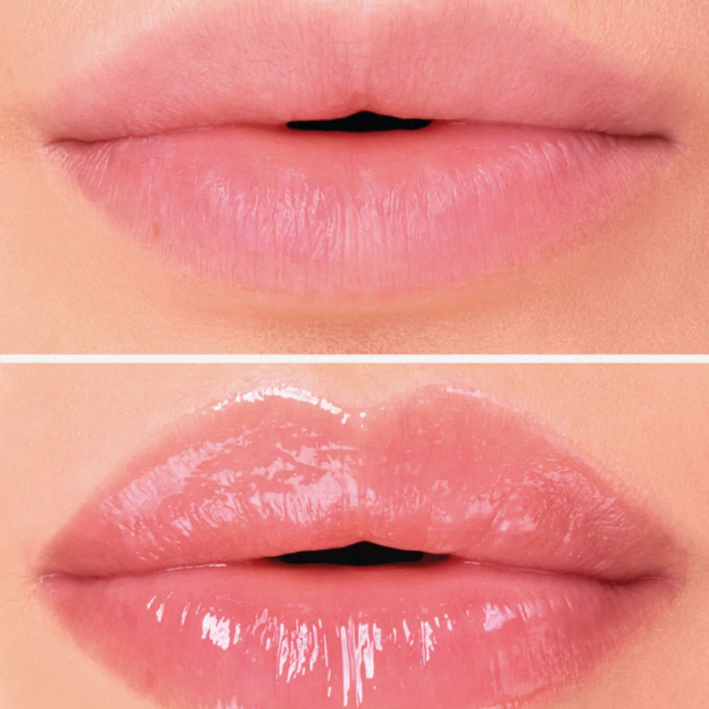 Refect Beauty Astra My Gloss Spicy Plumper showing a before and after comparison of fuller, glossy, hydrated lips.