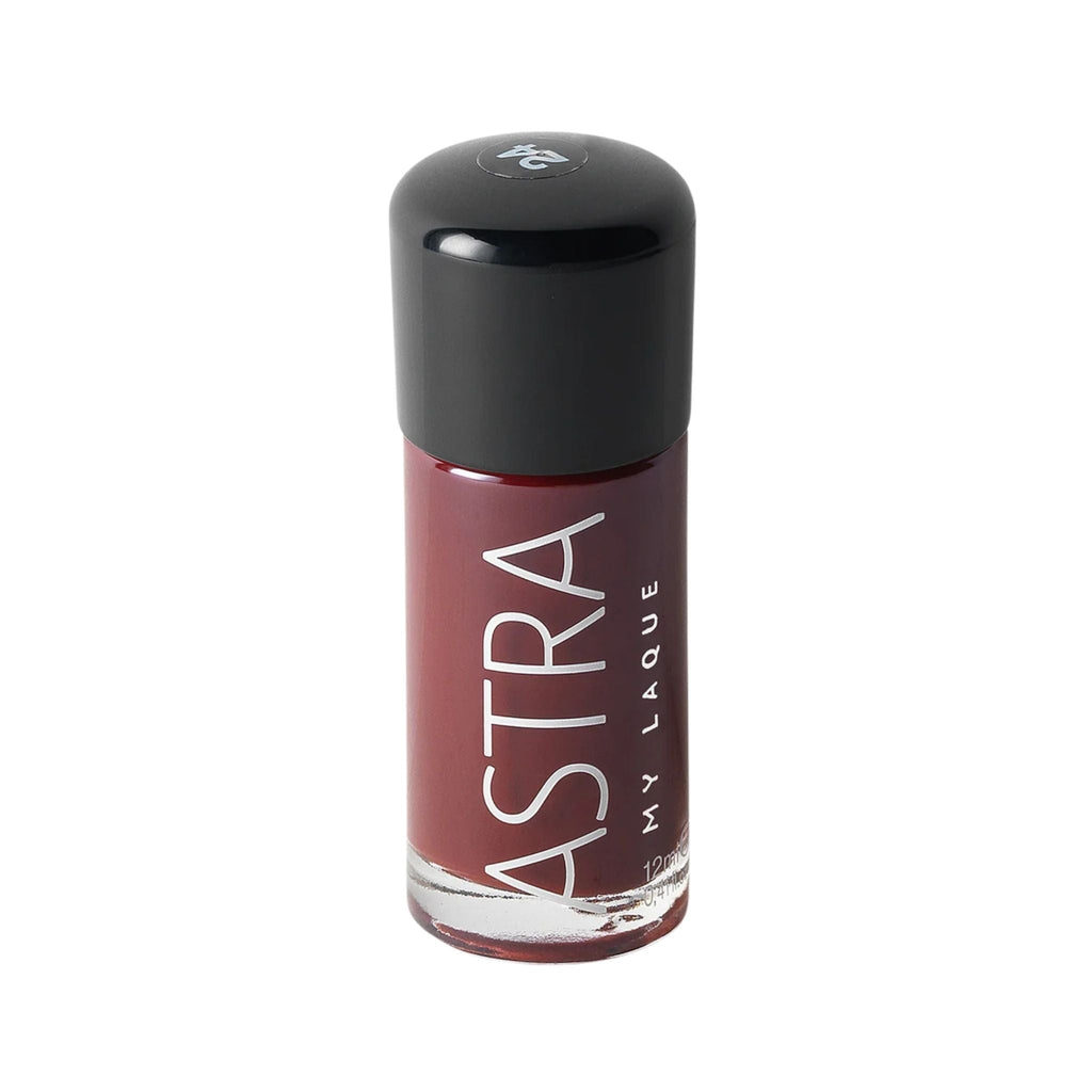 Refect Beauty Astra My Laque nail polish in a deep burgundy red shade with a glossy finish and black cap 24