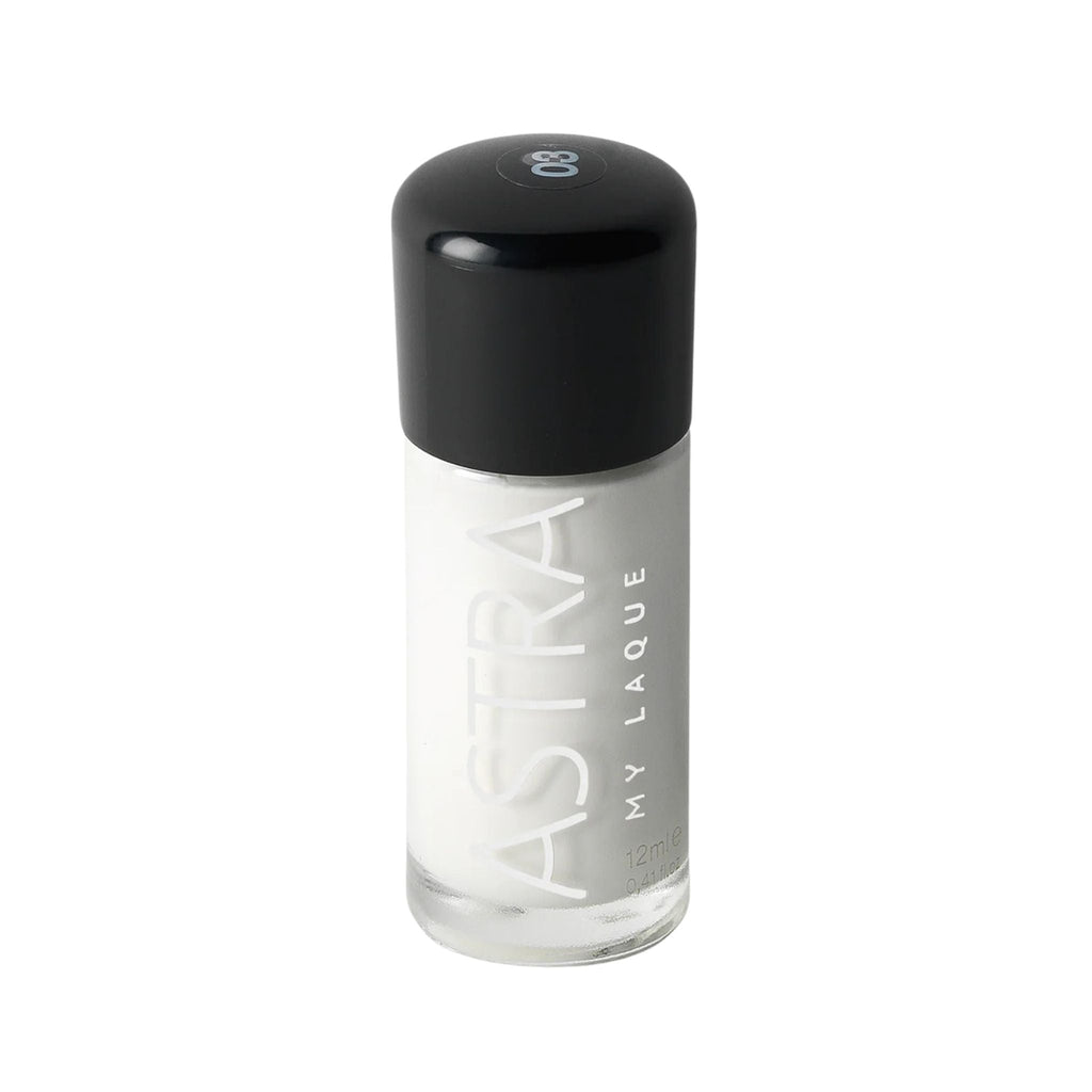 Refect Beauty Astra My Laque nail polish in a crisp white shade with a high-shine glossy finish in a glass bottle. 03