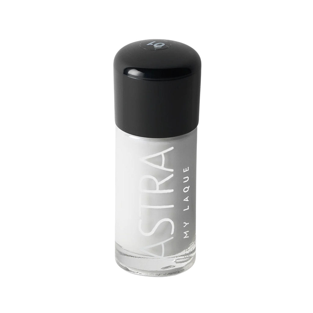 Refect Beauty Astra My Laque nail polish in a crisp white shade with a glossy finish and black cap 01