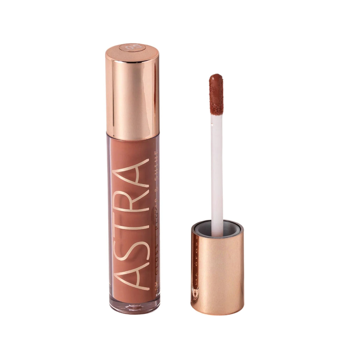 Refect Beauty Astra My Gloss Plump & Shine lip gloss in a warm nude shade with a rose gold applicator wand 05