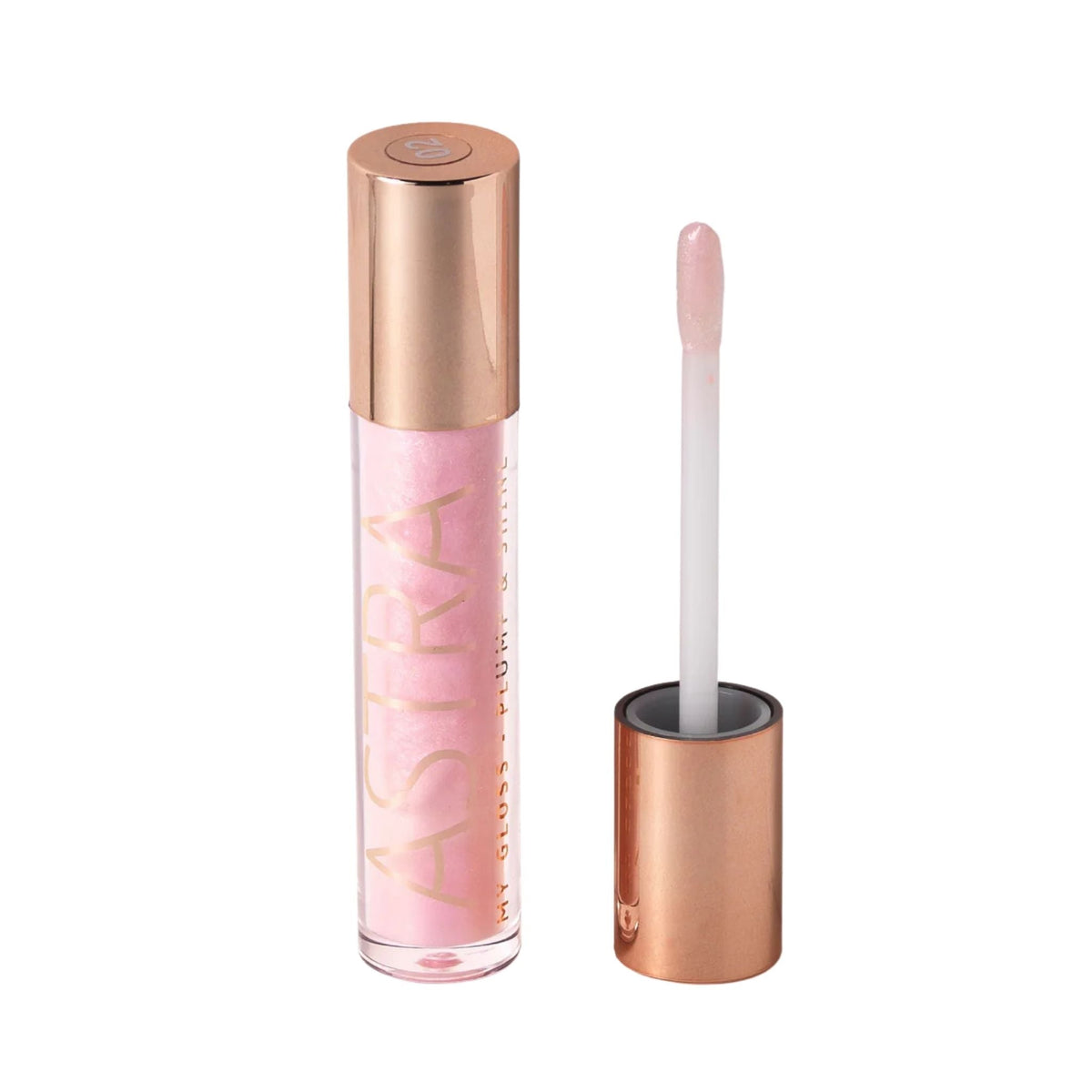 Refect Beauty Astra My Gloss Plump & Shine lip gloss in a shimmering light pink shade with a rose gold cap 02